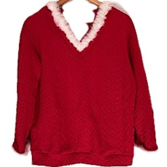Red Sweater With White Faux Fur Collar and Cuffs, Size Medium - Picture 2 of 8